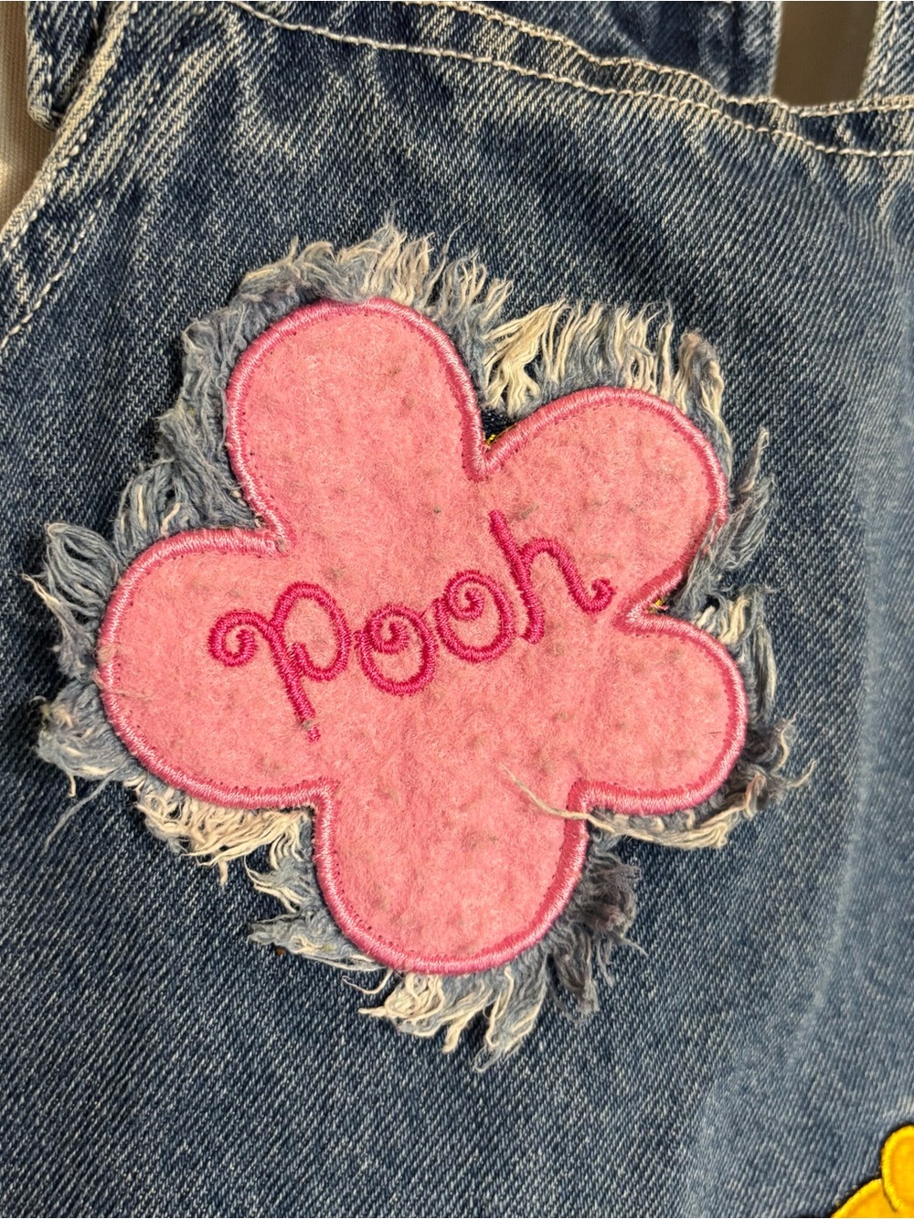 Vtg. Y2K Winnie the Pooh 12M Denim Overall Dress - Pink & Yellow Appliqué - Picture 3 of 9